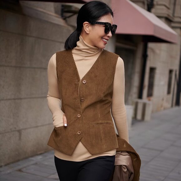 AmandaX 100% Cotton Vintage Corduroy Vest - Olive - Picture 1 of 16